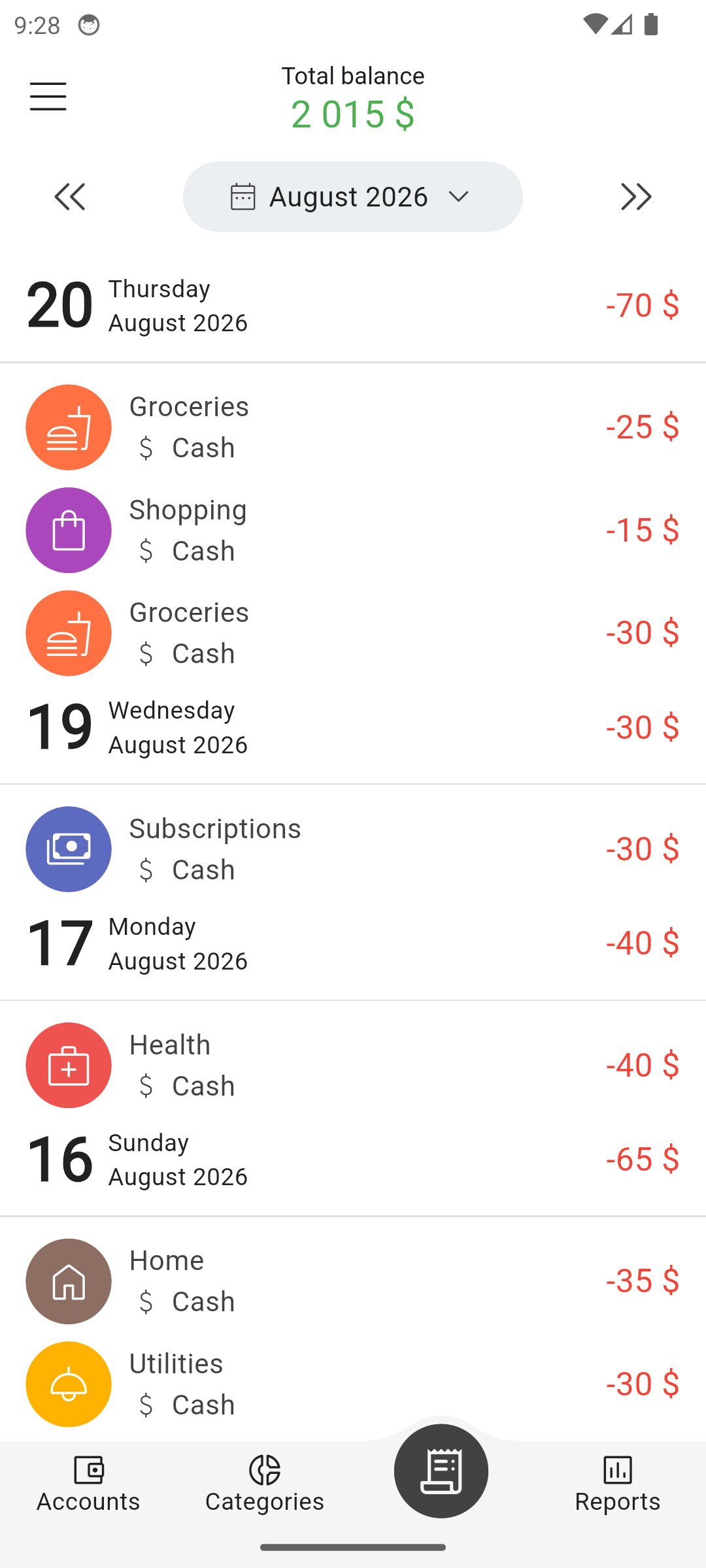 Transactions screen in the 12Budget app